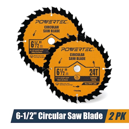 Powertec 6-1/2in Circular Saw Blade, 5/8in Arbor, 3/32in Kerf, 24-Tooth Carbide-Tipped Blade - 2PK 14024-P2