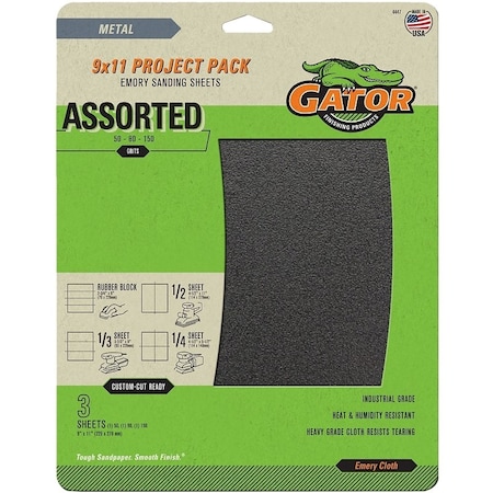 Gator Sanding Sheet, 11 in L, 9 in W, Emery Abrasive, Cloth Backing 4447