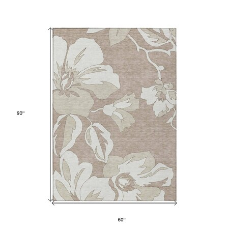 Homeroots 5' X 8' Taupe Beige And Ivory Floral Washable Indoor Outdoor Area Rug 589579
