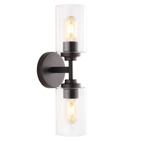 Jonathan Y Giles 16" 2-Light Farmhouse Industrial Iron Cylinder LED Sconce, Oil Rubbed Bronze/Clear JYL9548A