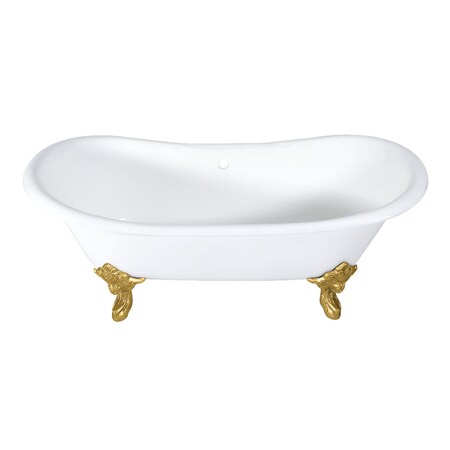 Kingston Brass 72" Cast Iron Oval Double Slipper Clawfoot Tub, No Faucet Drillings, White/Brushed Brass VCTNDS7231NL7