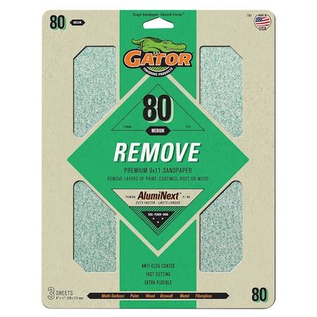 Gator Finishing AlumiNext Premium 9 x 11 in. Sandpaper, 80 Grit, 3PK 7261
