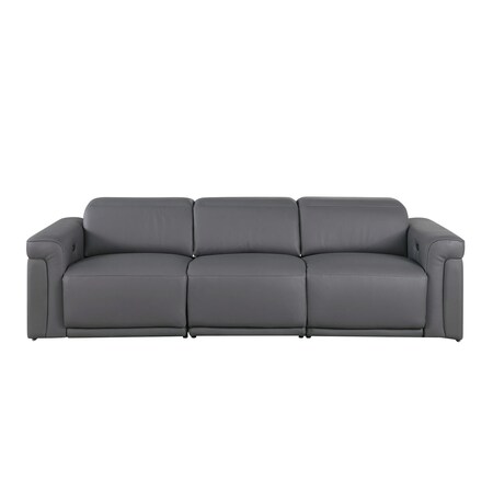 Homeroots 100" Dark Gray Top Grain Leather Reclining Metal USB Sofa 720359