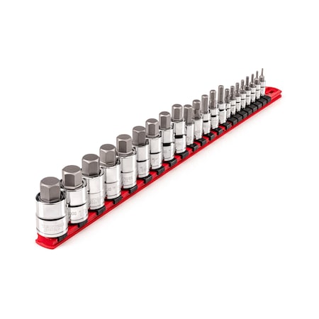 Tekton 1/4, 3/8, 1/2 Inch Drive Hex Bit Socket Set with Rail, 22-Piece 2-19 mm SHB99102
