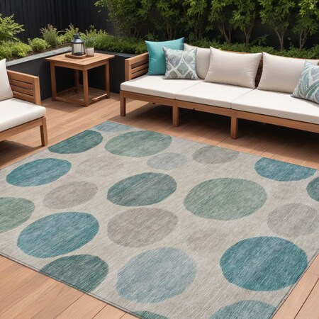 Homeroots 8' X 10' Teal Blue Ivory And Pale Aqua Geometric Washable Indoor Outdoor Area Rug 630594