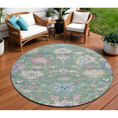 Homeroots 8' Sage Ivory And Pink Round Floral Washable Indoor Outdoor Area Rug 605333