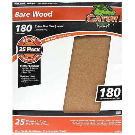 Gator Finishing 9 x 11 in. Bare Wood Sandpaper, 180 Grit, Fine, 25PK 4224
