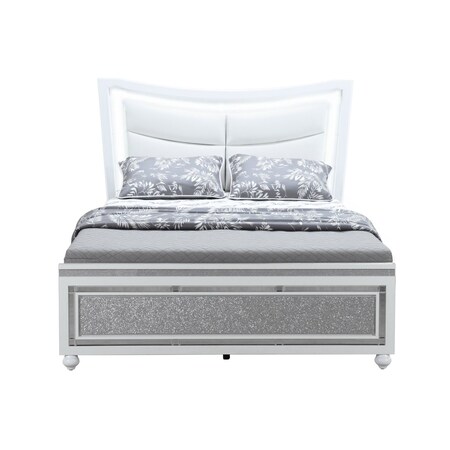 Homeroots White And Silver and White Faux Crystal Bling Wood And Upholstery Lighted Queen Bed Frame 564761