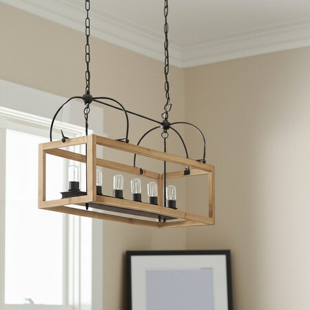 Homeroots Natural And Black Candle Style Six Light Wood and Metal Dimmable Chandelier 611353