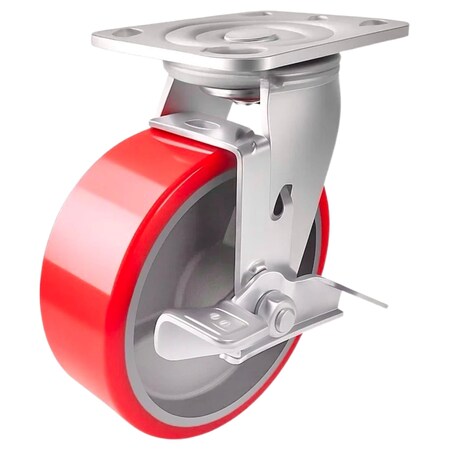 Hyw Products Heavy Duty Caster 6in Red Polyurethane on Cast Iron Wheel, Swivel with Brake 40-60S-A1-PC-TB(R)