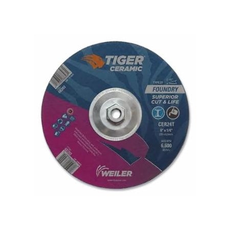 Weiler Tiger Grinding Wheel, 9 in dia x 1/4 in Thick x 5/8 in-11 Arbor, 30 Grit, Ceramic Alumina, Type, 10PK 804-68393