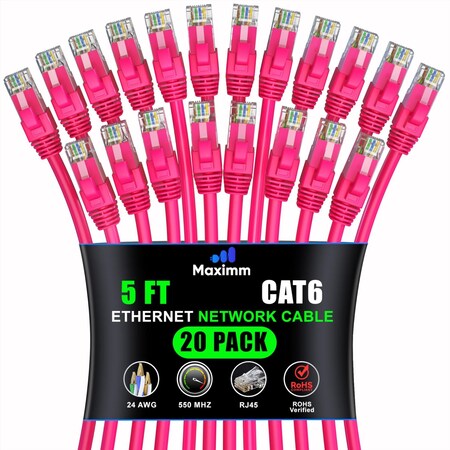 Maximm Cat6 Ethernet Cable 5ft 10Gbps 550MHz UTP, 20PK, Pink, 20PK CAT6CCA-5PN-20PK