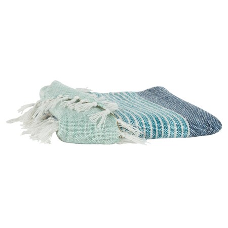 Homeroots 50" X 60" Aqua Blue Teal And Ivory Recycled PET Woven Stripe Throw Blanket with Tassels 519095