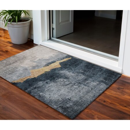 Homeroots 3' X 5' Blue Gray And Gold Abstract Washable Indoor Outdoor Area Rug 602993