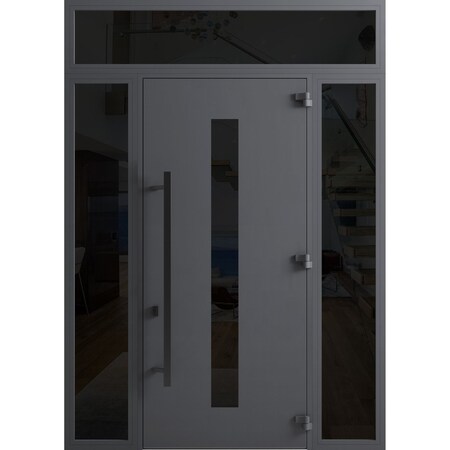 Vdomdoors Front Exterior Prehung Steel Door Ronex0130 Grey 96 2 Sidelight and Transom Window Sidelite Entry RONEX0130EXD-GRE-W12+36+12xH96+16-LH-I