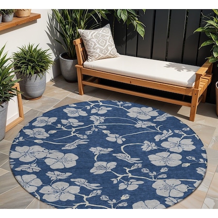 Homeroots 8' Navy Blue And Gray Round Floral Washable Indoor Outdoor Area Rug 600026