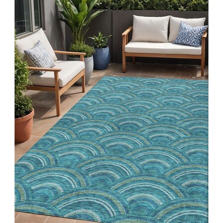 Homeroots 5' X 8' Teal Blue Fern Green And Ivory Geometric Washable Indoor Outdoor Area Rug 615237