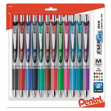 Pentel EnerGel RTX Gel Pen, Retractable, Medium 0.7 mm, Assorted Ink and Barrel Colors, 12PK BL77BP12M