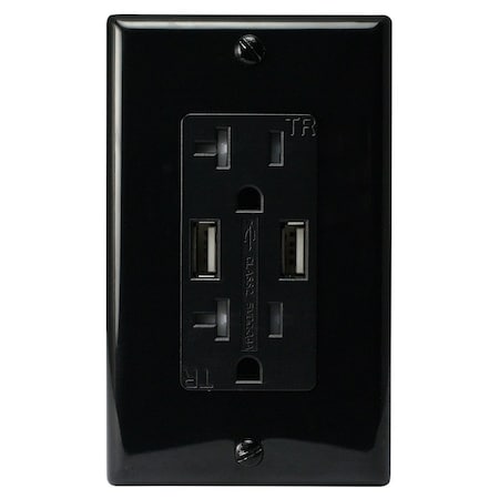 Automation Systems Interconnect Wall Outlet 20 Amp Tamper Resistant, with USB Charging Ports 3.4 Amp, Black, Includes Wall Plate ATUR3.4-20-B