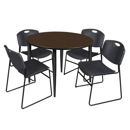 Regency Round Kahlo Breakroom Table W/ 4 Zeng Stack Chairs, 48 in W, 48 in L, Neo Walnut TPL48RNDNWBK44BK