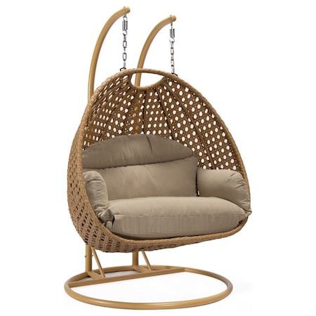 Leisuremod Mendoza Light Brown Wicker Hanging 2 person Egg Swing Chair with Taupe Cushions MSCLBR-53TP