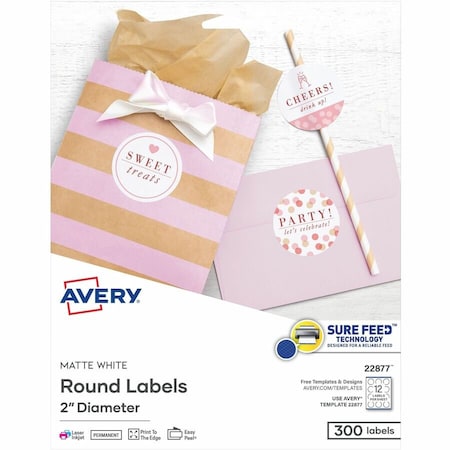 Avery Dennison Avery, ROUND PRINT-TO-THE EDGE LABELS WITH SUREFEED AND EASYPEEL, 2in DIA., WHITE, 300PK 22877