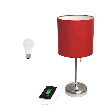 Homeroots 20" Silver Metal USB Table Lamp LED With Red Drum Shade 642926