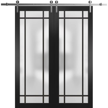 Sartodoors Sturdy Double Barn Door with Frosted Glass Planum 2112 Black 60x96 (2* 30x96) Solid Core PLANUM2112DB-S-BLK-60 x 96 (2* 30x96)