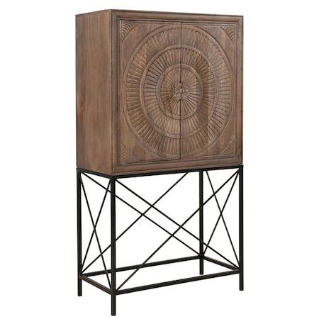 Homeroots 33in Brown Solid Wood Two Door Carved Wine Cabinet 489014