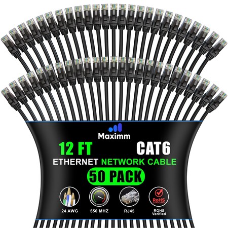 Maximm Cat6 Ethernet Cable 12ft 10Gbps 550MHz UTP, 50PK, Black, 50PK CAT6CCA-12BK-50PK