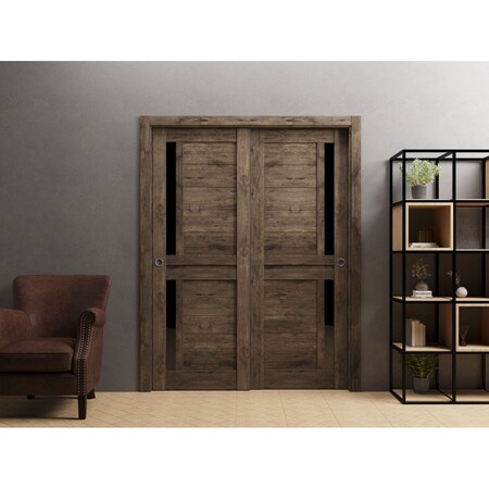Sartodoors Sliding Closet Bypass Doors 36 x 80in, Veregio 7588 Cognac Oak W/ Black Glass, Sturdy Rails VEREGIO7588DBD-AKA-36