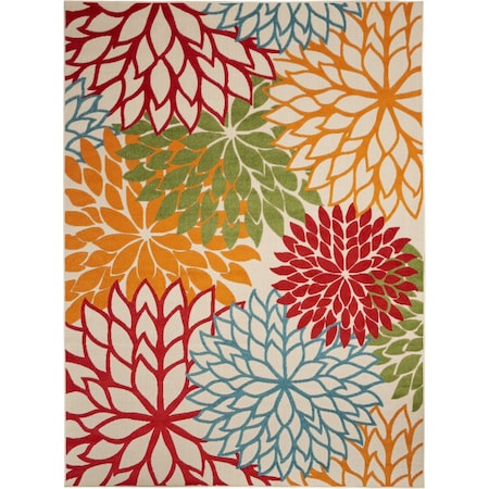 7' X 10' Ivory Green Blue Orange And Red Floral Indoor Outdoor Area Rug