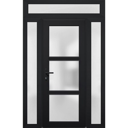 Vdomdoors Front Exterior Prehung FiberGlass Door Frosted Glass / Manux 8552 Matte Black / 2 Sidelight and Tra MANUX8552EXD-BLK-W14+30+14 x H80+14-RH