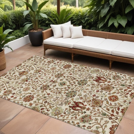 Homeroots 8' X 10' Ivory Brown And Red Floral Washable Indoor Outdoor Area Rug 603422