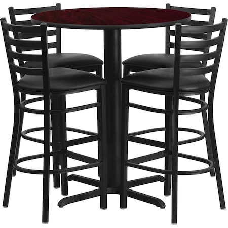 Flash Furniture Round Mahgany Bar Table, X-Base w/Blk Seats, 30", Laminate Top, Wood Grain HDBF1022-GG