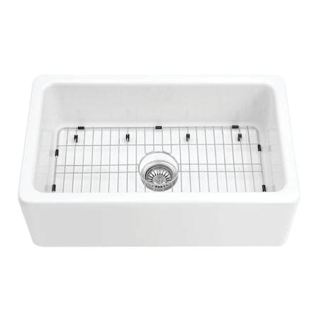 Kingston Brass 30" Fireclay Single Bowl Farmhouse Kitchen Sink with Bottom Grid and Strainer, Glossy White KGPF311910YBC