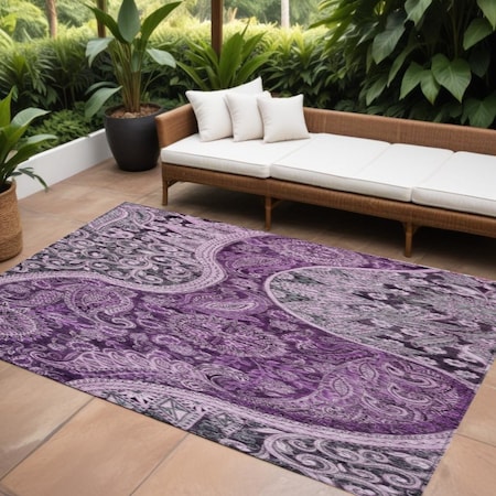 8' X 10' Purple And Charcoal Floral Medallion Washable Indoor Outdoor Area Rug