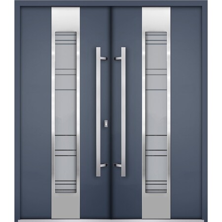 Vdomdoors Steel Double Doors Deux 0757 Gray Graphite Stainless Inserts Single Modern Painted DEUX0757DEXD-GRE-RH-W72 x H80