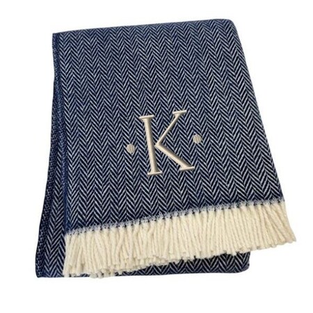 Homeroots 55" X 70" Navy Blue White Herringbone Cotton Blend K Initial Throw Blanket with Tassels Embroidery 680222