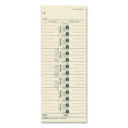 Tops Time Clock Cards, Replacement for 30/1912R/10-800292, One Side, 3.5 x 9, 100PK 12563