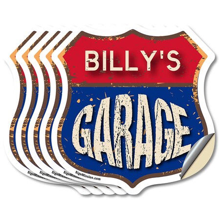 Signmission Billy's Garage, 4 inch X 4 inch, Vinyl Decal, 5PK SHI-D-5PACK-4-383-BILLY