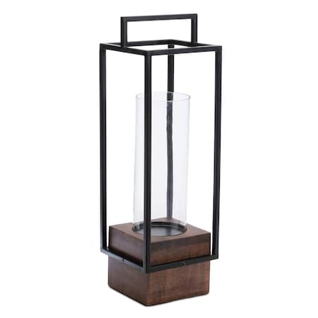Homeroots 20" Black And Brown Metal And Solid Wood Tabletop Lantern Candle Holder 634845