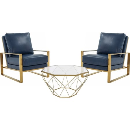 Leisuremod Jefferson Leather Armchair with Gold Frame, Large Octagon Coffee Table, Navy Blue JAG29MD31NBU2-L