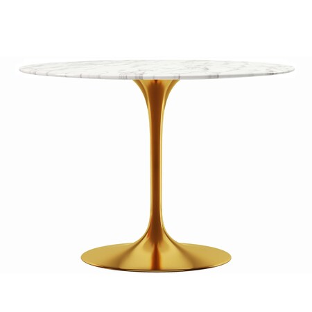 Homeroots 40" White And Gold Rounded Marble And Metal Pedestal Base Dining Table 520845