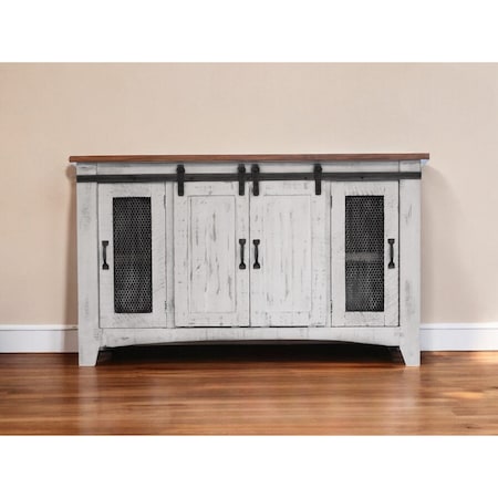 Homeroots 70" White Solid Wood Cabinet Enclosed Storage Distressed TV Stand 528706