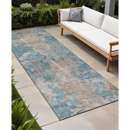 Homeroots 8' Runner Teal and Taupe Abstract Washable Non Skid Indoor Outdoor Runner Rug 564288