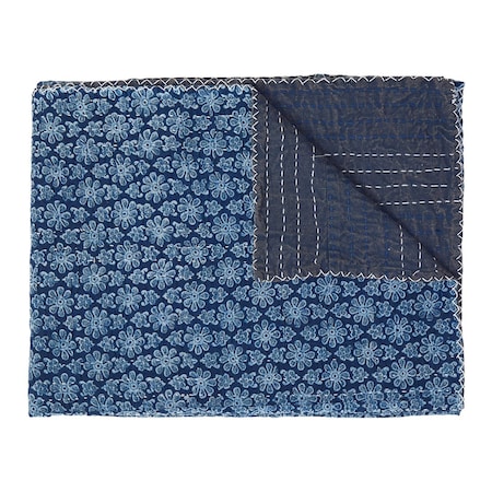 Homeroots 50" X 70" Blue Kantha Cotton Floral Throw Blanket with Embroidery 357568
