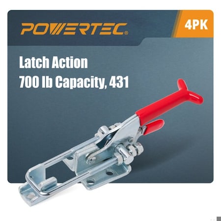 Powertec Toggle Clamp, 700 lbs Cap., 431 Self-Lock U-Bolt Adjustable Latch, Antislip Hand Grip, 4PK 20341-P2N