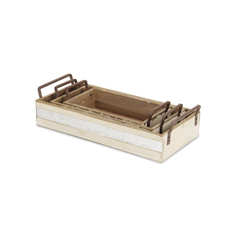 Homeroots Set of Three White Solid Wood And Metal Crate, 3PK 487716