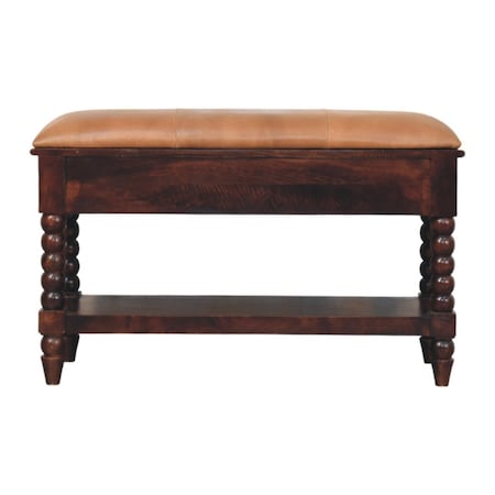 Homeroots 35in Brown Genuine Leather and Solid Wood Upholstered Storage Bench With Shelves 723440
